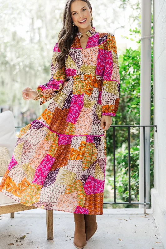 Effortlessly stylish outfits for the modern woman   Fate: Happy For You Fuchsia Pink Patchwork Midi Dress