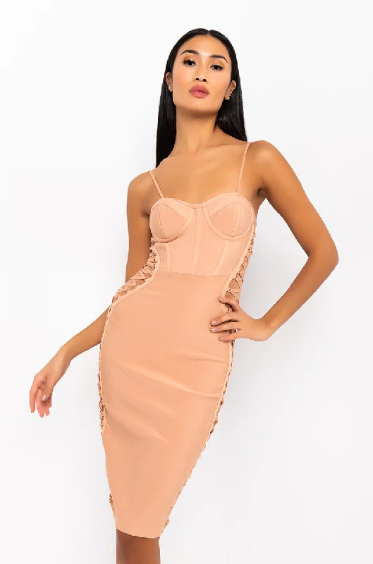 Effortlessly chic fashion for today’s woman   DATE NIGHT BANDAGE MIDI DRESS NUDE