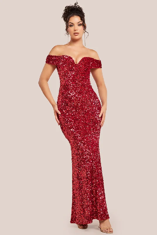 Timeless women’s fashion for any occasion   Sequin Velvet Bardot Evening Maxi Dress - Red by Goddiva