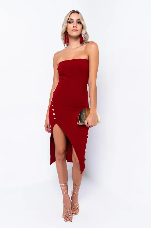 Luxurious fabrics and modern designs for women   SHOOT FOR THE STARS CROSS FRONT STRAPLESS MIDI DRESS BURGUNDY