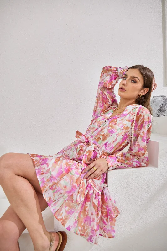 Elevate your look with premium women’s wear   Anthea Pink Floral Long Sleeve Mini Dress