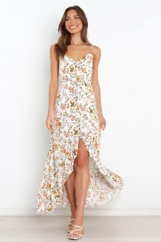 Bingham Satin Floral Ruffle Maxi Dress - Cream