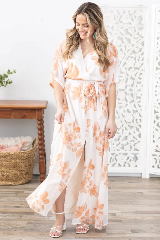 Peach Floral With Adjustable Belt Maxi Dress