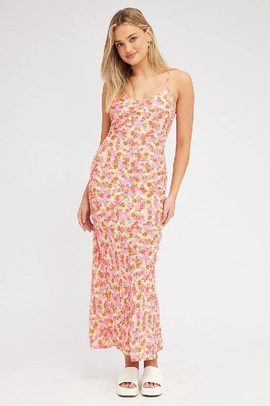 Red Floral Maxi Dress Bias Cut