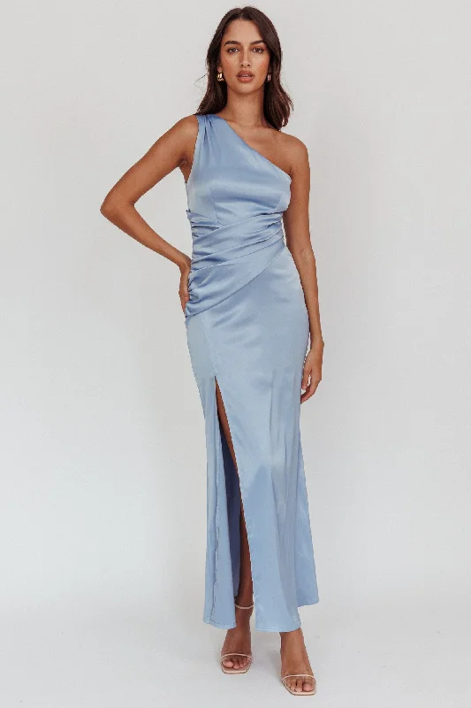 Taniesha One-Shoulder Gathered Maxi Dress Steel Blue