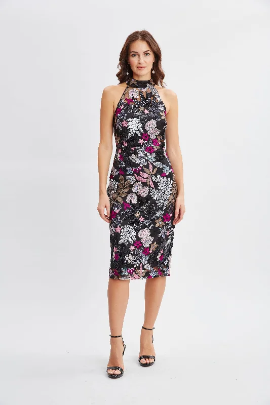 Floral Sequin Halter Dress