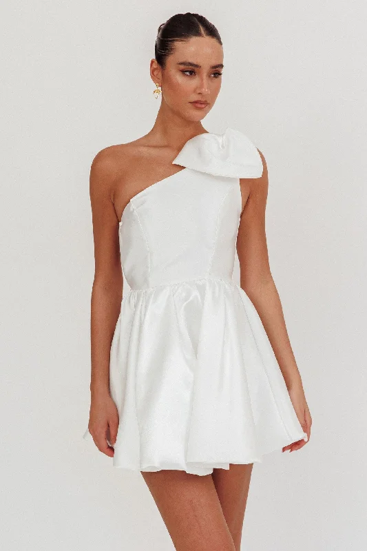 Athens Shoulder Bow Bubble Hem Mini Dress Off White