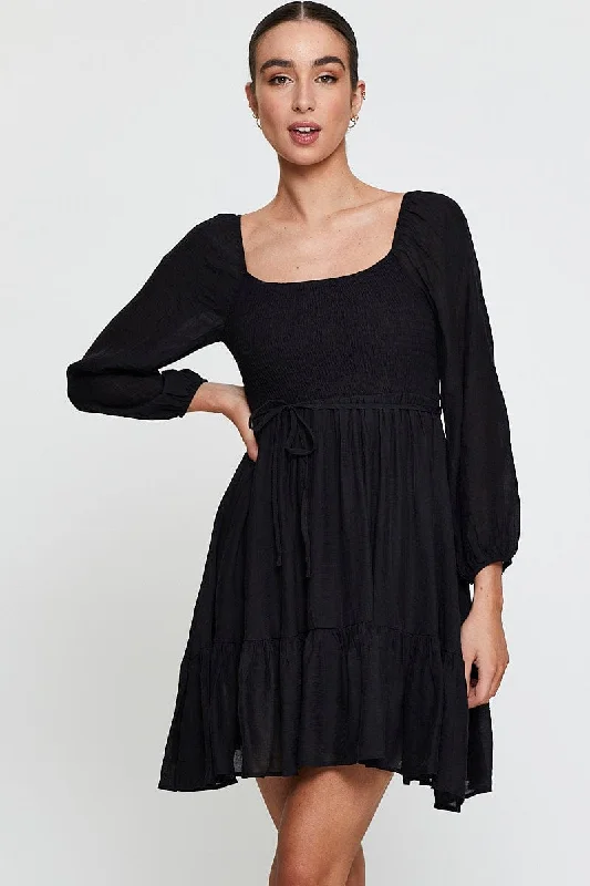 Black Mini Dress Long Sleeve Square Neck