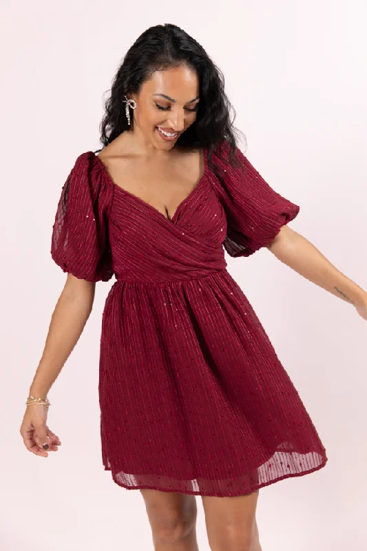 Get Figgy With It Wine Textured Surplice Neckline Holiday Dress