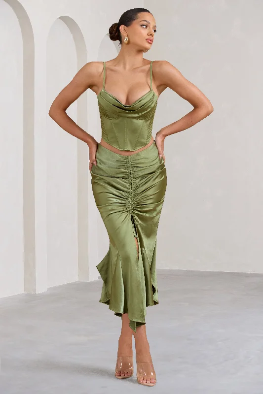 Per Favore | Olive Satin Ruched Split Maxi Skirt