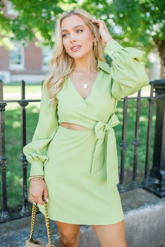 Talk It Out Lime Side Cutout Tie Detail Dress