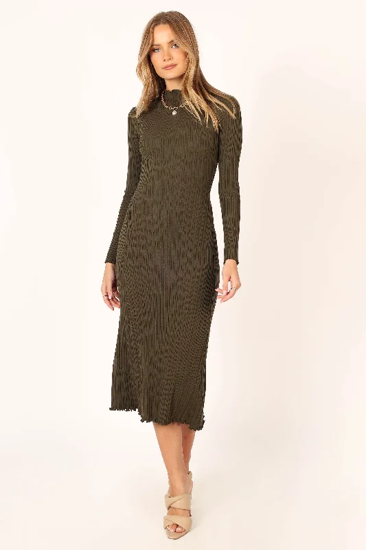 Theo Long Sleeve Midi Dress - Khaki