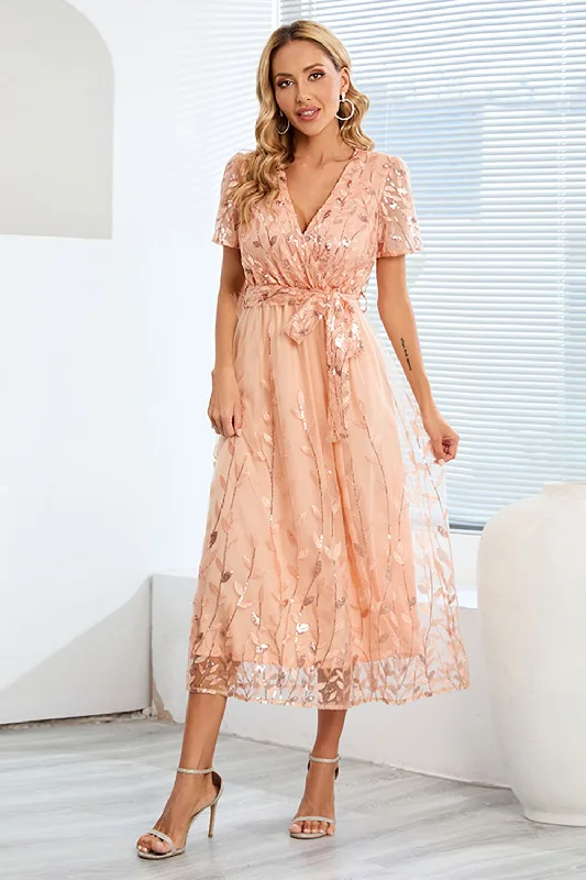 A-Line Blush Casual Dress with Short Sleeves