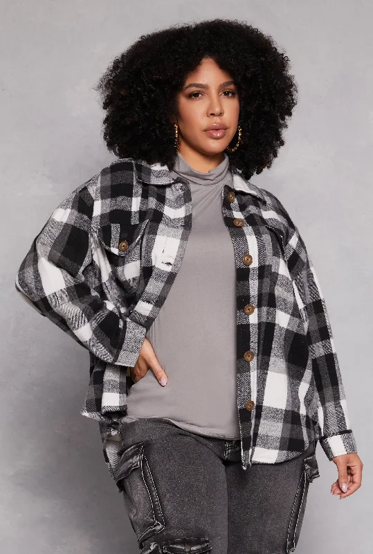 Plus Size Plaid Brushed Knit Flannel Shacket