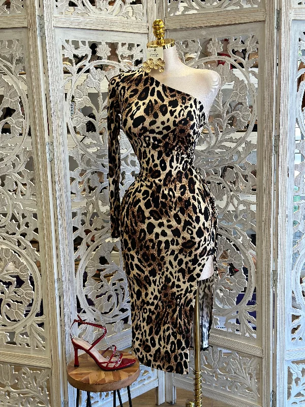 Cheetah Print One Sleeve Dress- Stretchy, Estira