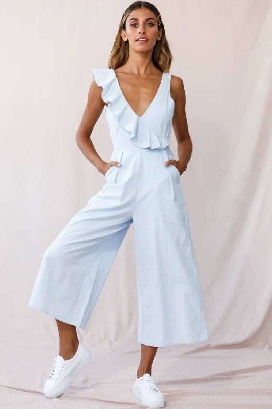 Cheryl Ruffle Strap Wide Leg Jumpsuit Steel Blue