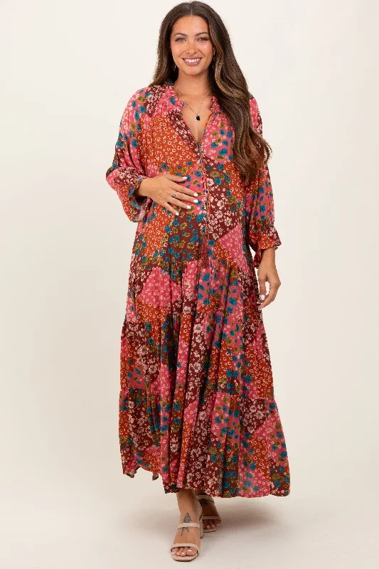 Fuchsia Floral Patchwork Front Tie Maternity Maxi Dress