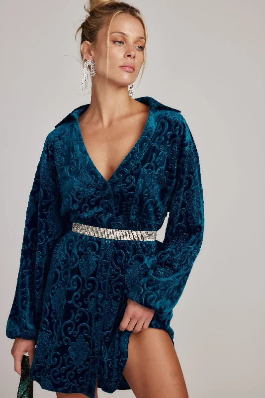 Kali Blue Long Sleeve Velvet Dress