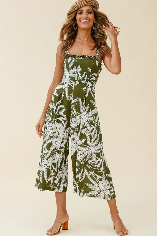 Magdalene Frill Strap Midi Jumpsuit Palm Print Olive