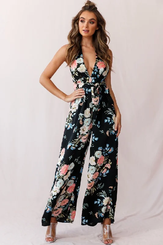 Make Me Halterneck Low Back Jumpsuit Floral Print Black