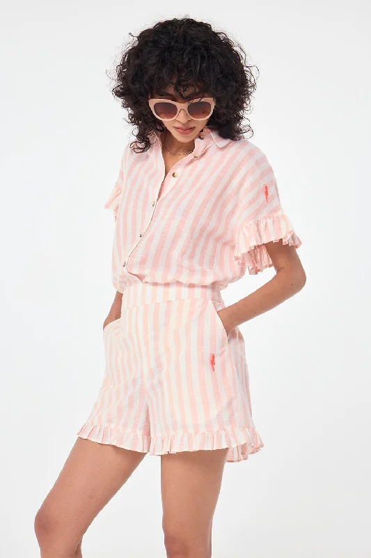 Coral and White Stripe Frill Hem Shorts