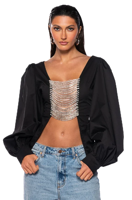 DARE ME RHINESTONE OPEN BACK BLOUSE