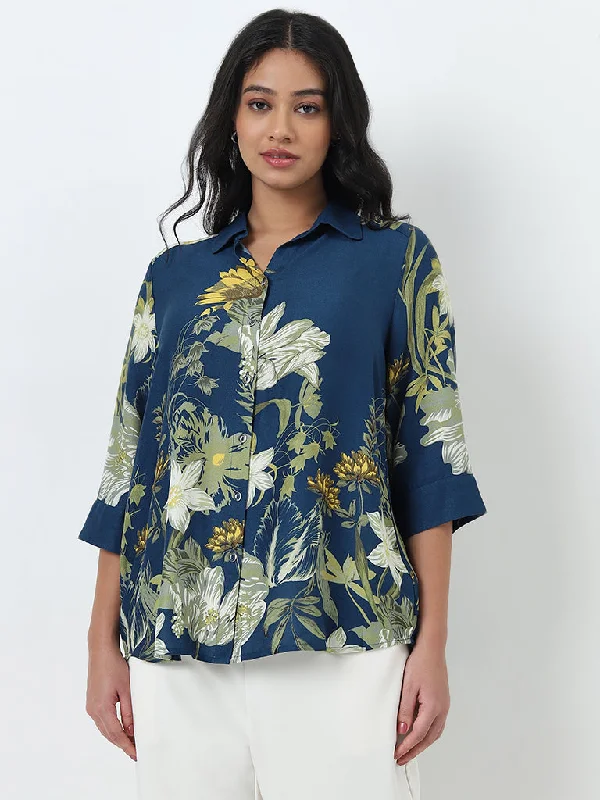 Gia Teal Floral Printed Shirt