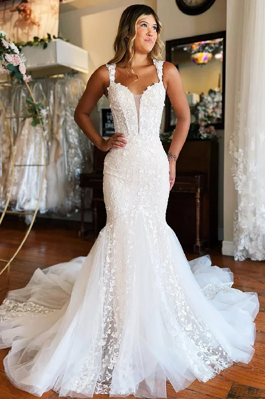 Mermaid White Lace Sweep Train Long Wedding Dress