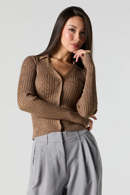 Ribbed Knit Collared Button-Up Sweater