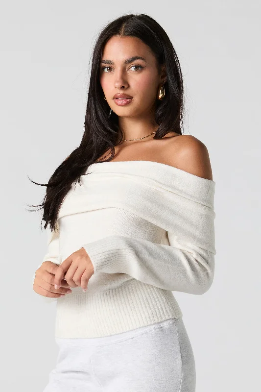 Mossy Knit Foldover Off Shoulder Sweater