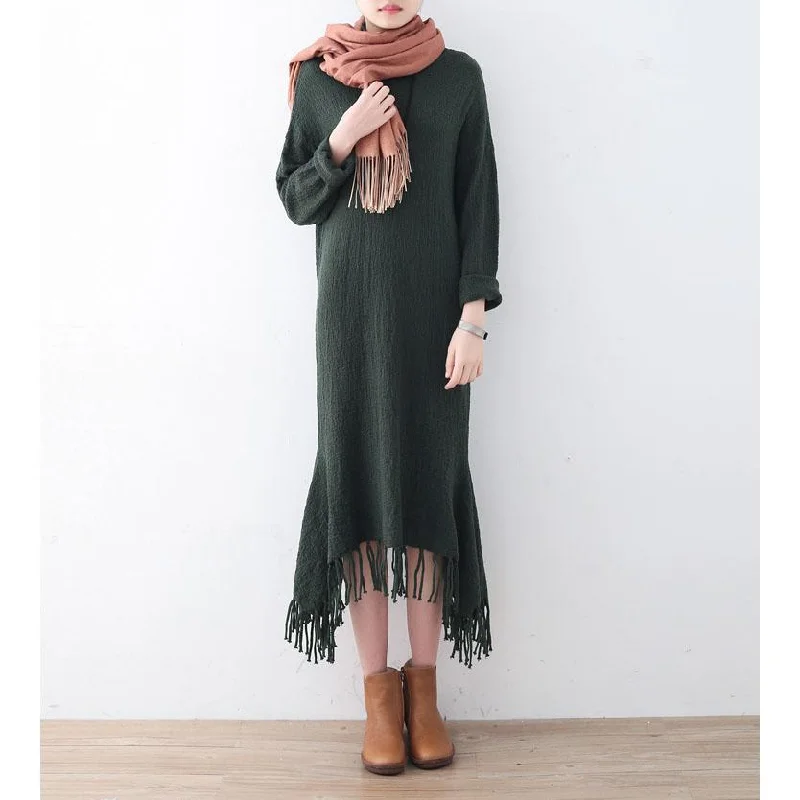 Fine green sweater dresses plus size high neck winter dress pockets Tassel long knit sweaters