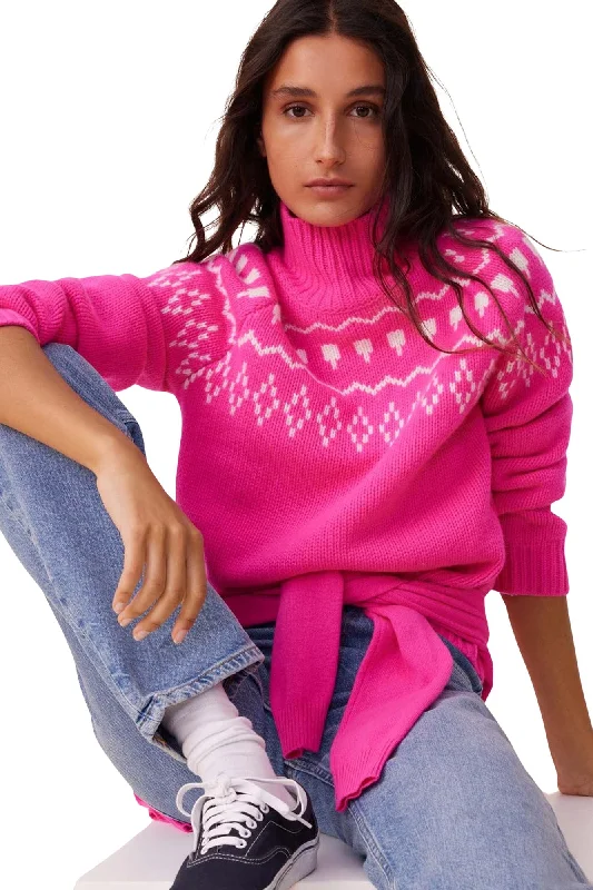 Kujten Stelli Cashmere Fair Isle Turtleneck in Rose Neon