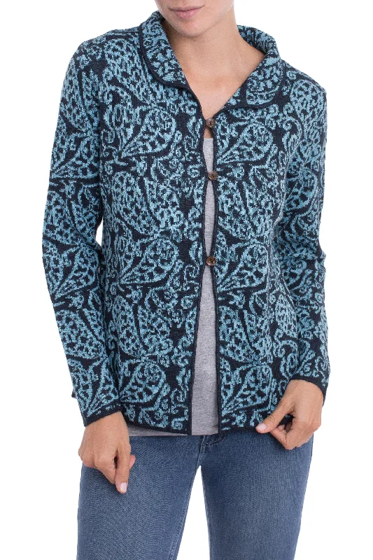 Paisley Elegance in Cerulean Alpaca Blend Cardigan with Cerulean Paisley Motifs from Peru