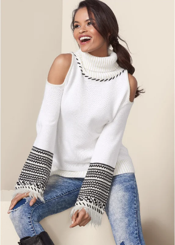 Cold-Shoulder Turtleneck Sweater - White & Black