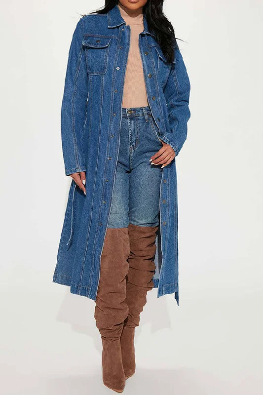 Blue Modern Belted Denim Trench Coat