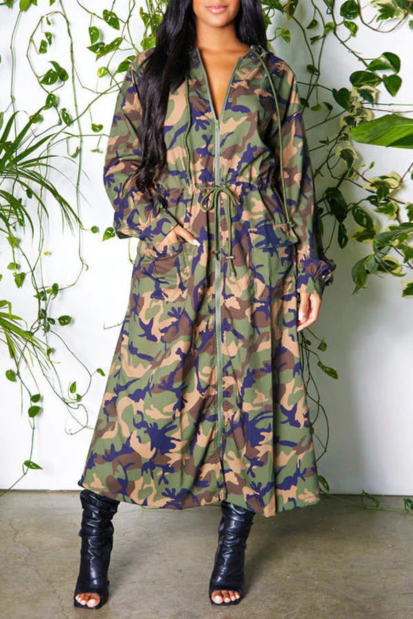 Camouflage Classic Drawstring Hooded Trench Coat