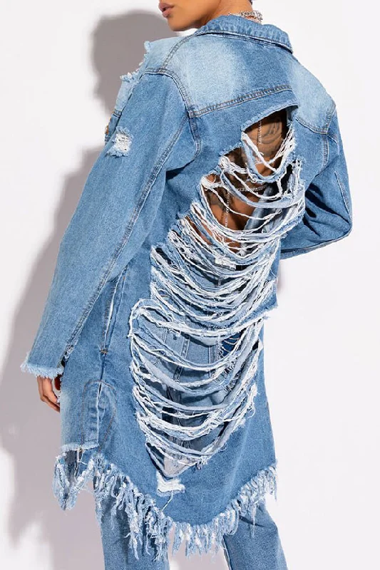 Denim Ripped Burrs Stylish Tassel Hem Trench Coat