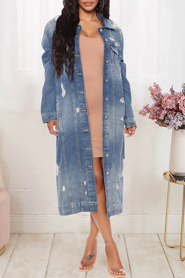 Denim Ripped Urban Single Breasted Trench Coat