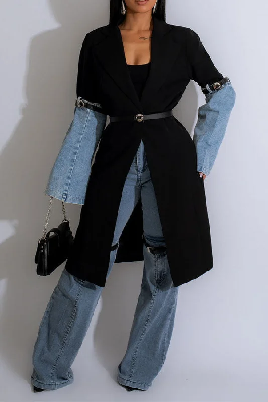 Hit Color Denim Patchwork Versatile Trench Coat