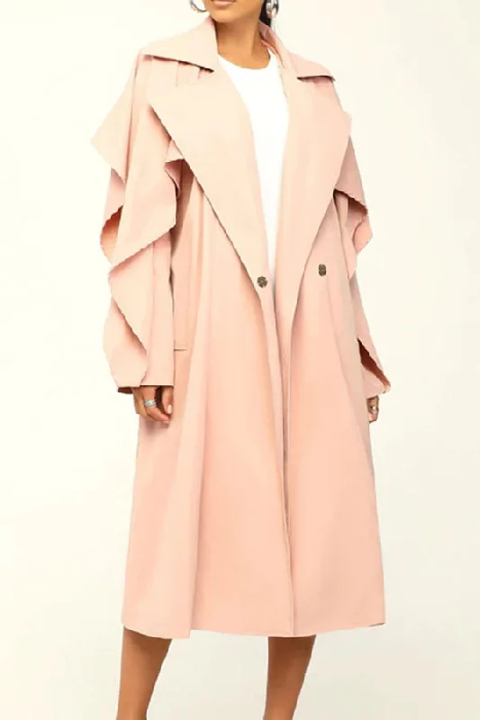 Solid Color Ruffle Stylish Belted Trench Coat