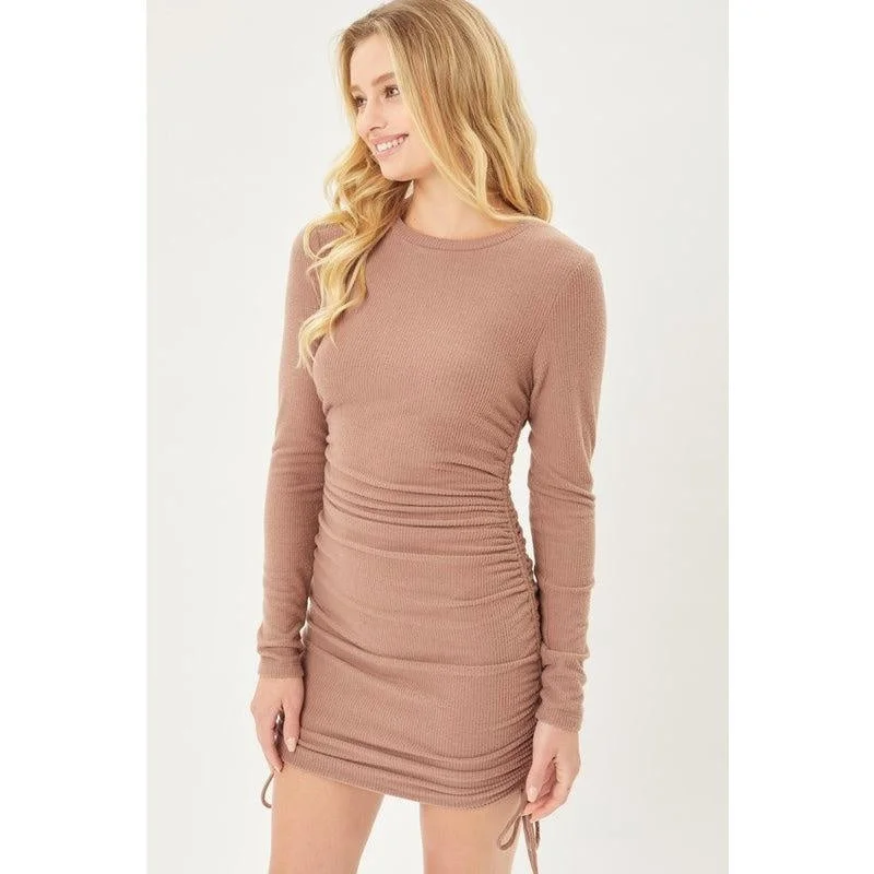 Coco Brown Drawstring Ruched Sweater Dress