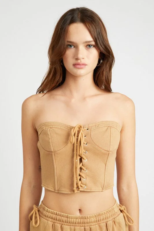 Hot Girl French Terry Strapless Corset Top In Khaki