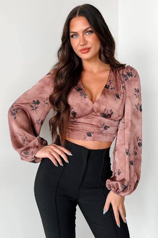 Just Say When Satin Floral Long Sleeve Top (Brown)