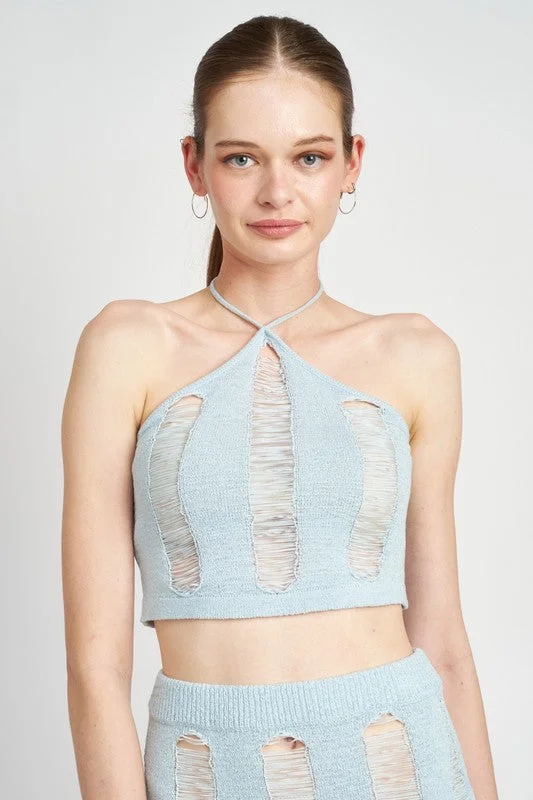 Hot Girl Laddered Halter Neck Crop Top In Light Blue