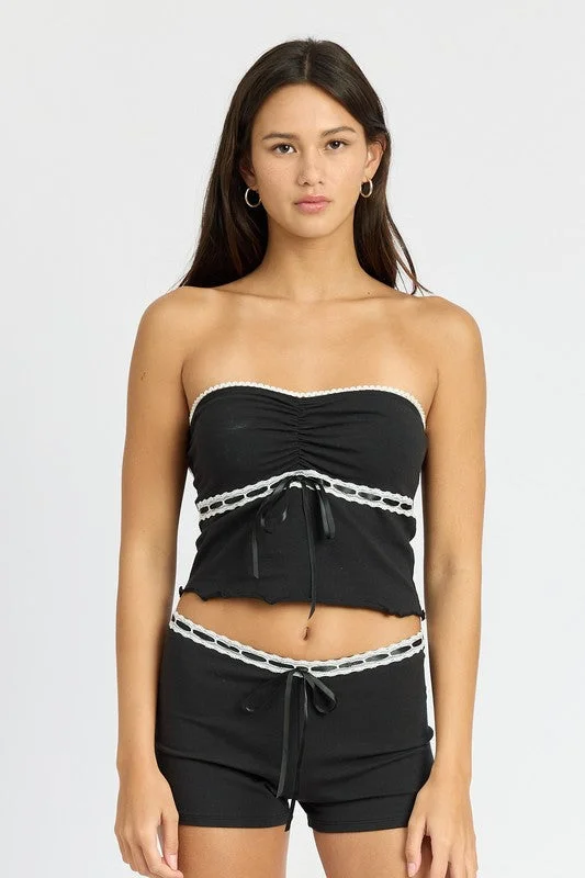 Hot Girl Lace Detail Lettuce Trim Tube Top In Black