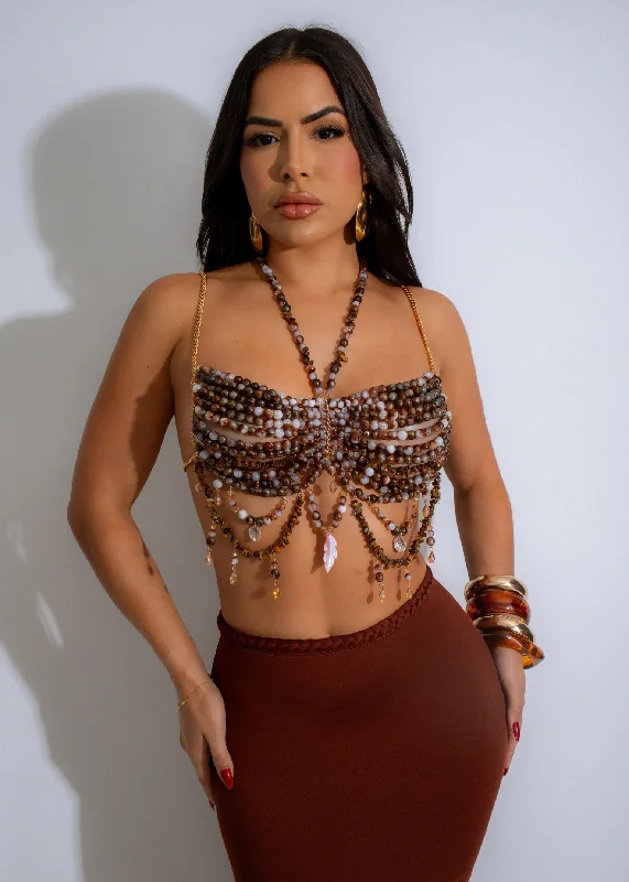 Mermaid Dreams Beaded Crop Top Brown