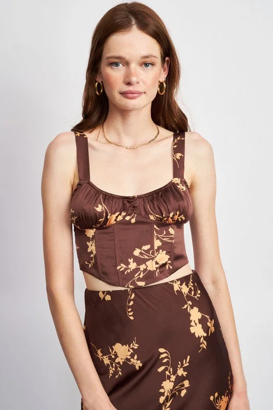 Hot Girl Peruvian Lily Floral Ruched Corset Top In Brown