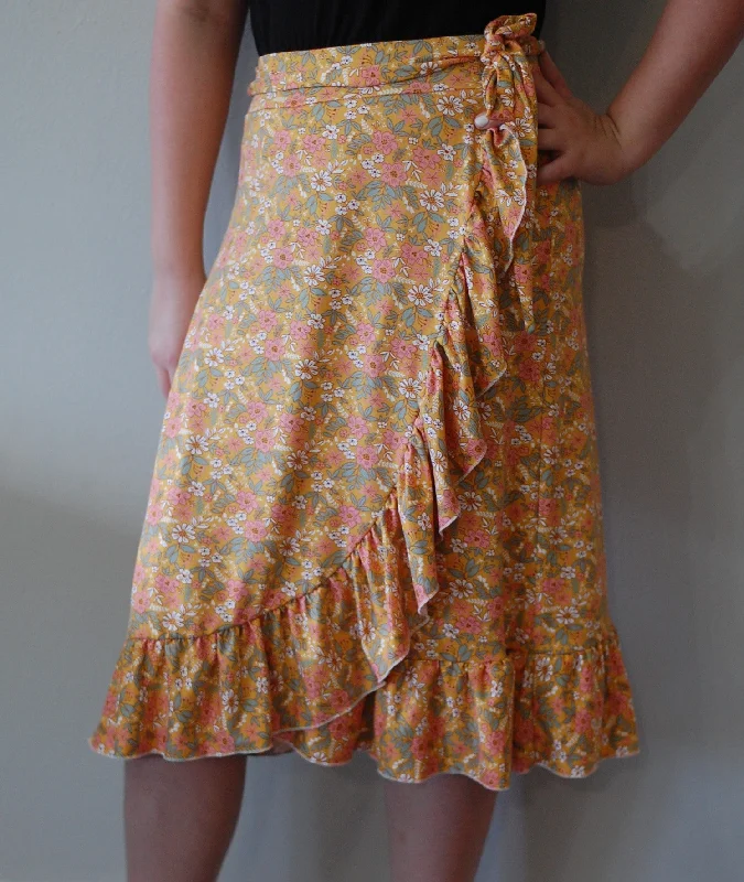 Yellow Floral Faux Wrap Ruffle Skirt with Built in Shorts