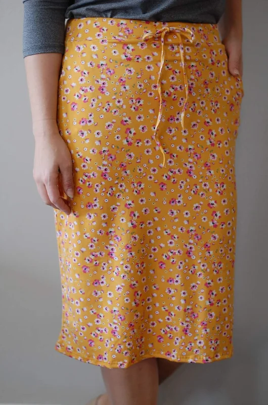 Yellow Floral Every Day Drawstring Loungewear Skirt with Built in Shorts