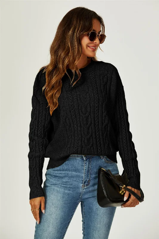 Cable Knit Crew Neck Jumper In Black